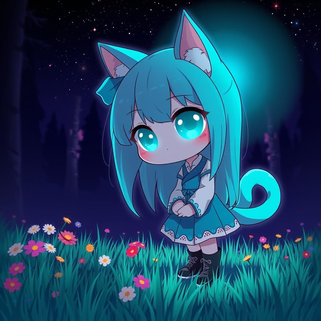 Chibi Catgirl Illuminates Forest in Synthwave Style