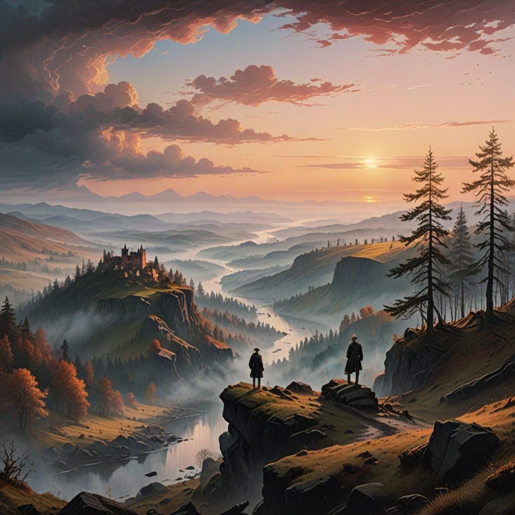 Misty Mountain Landscape: Romanticism Painting at Dawn