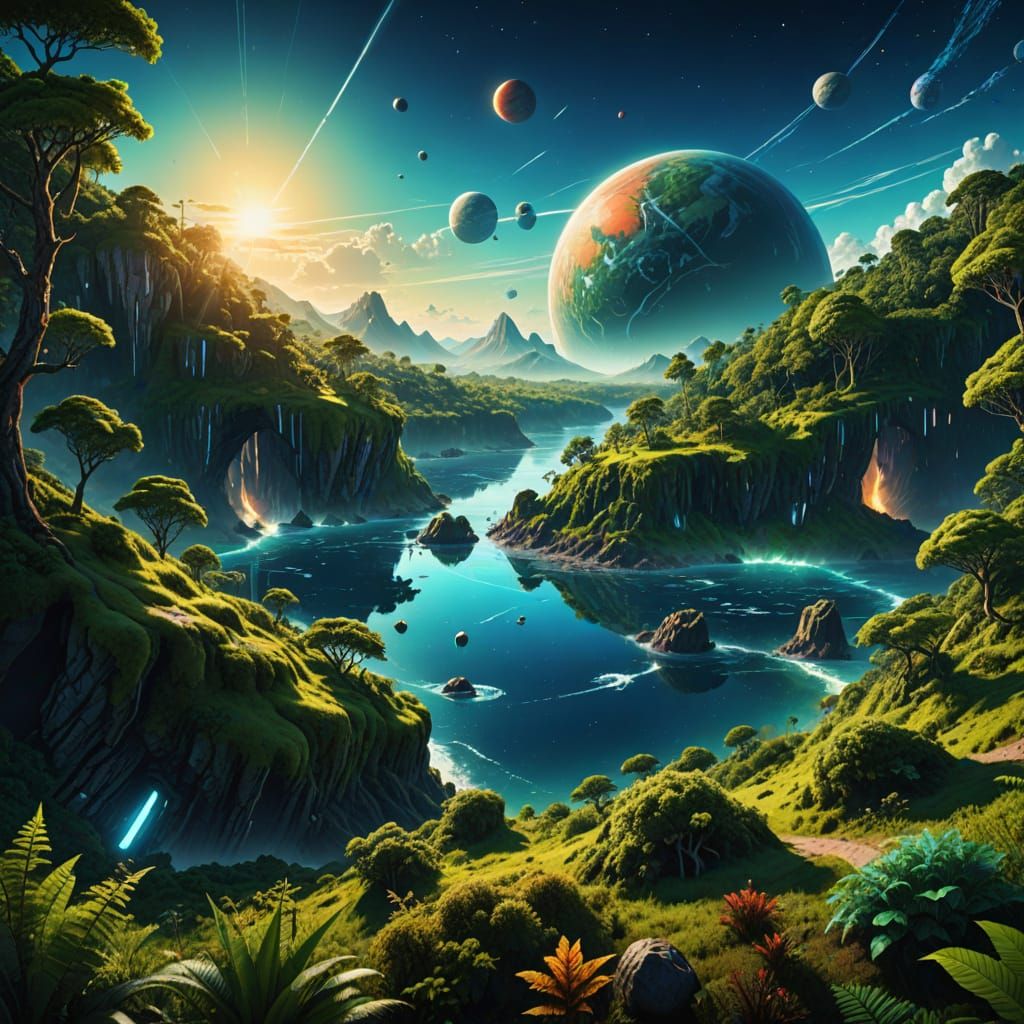 Lush Alien Planet in Space: Digital Illustration