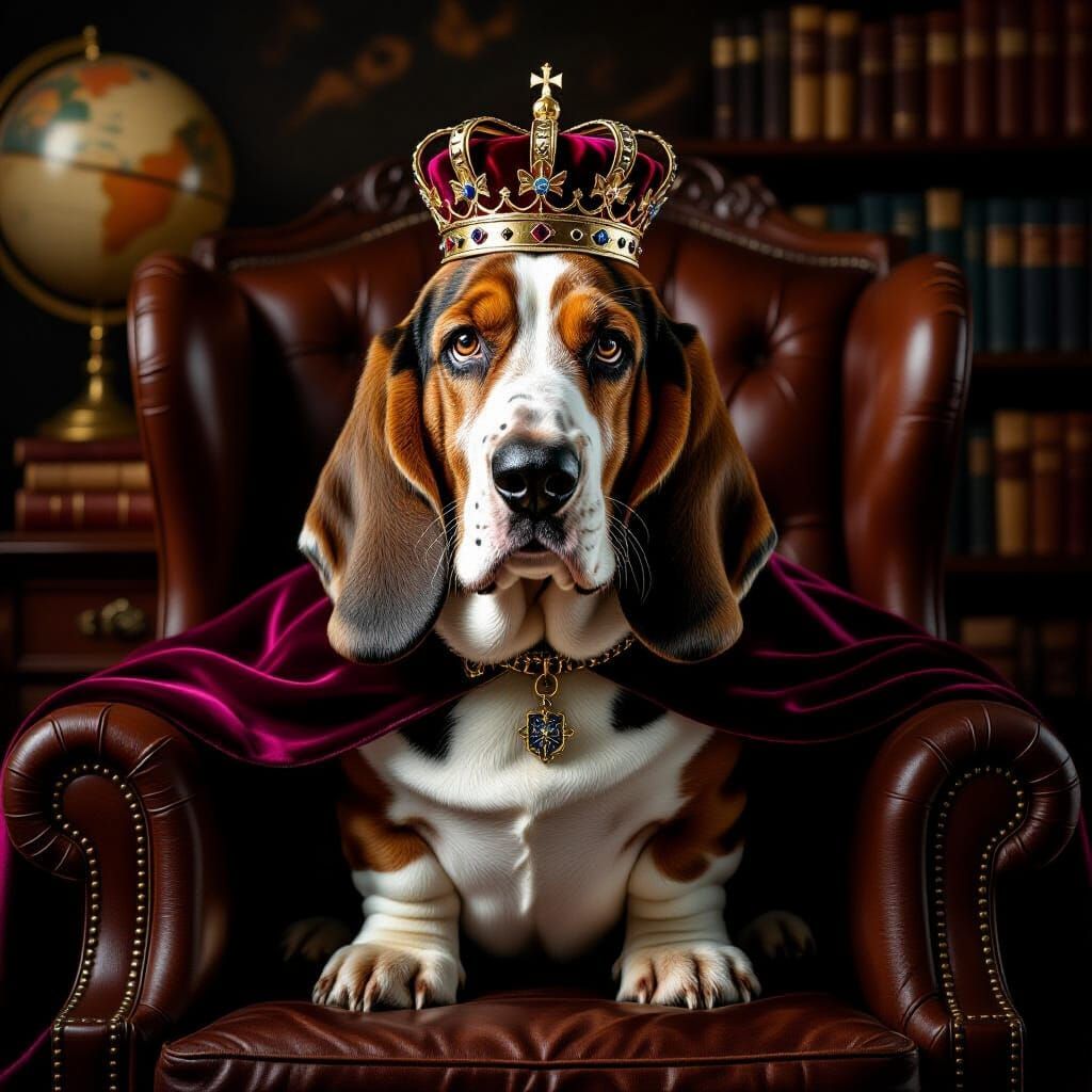 Regal Basset Hound in Antique Study, Dutch Golden Age Style