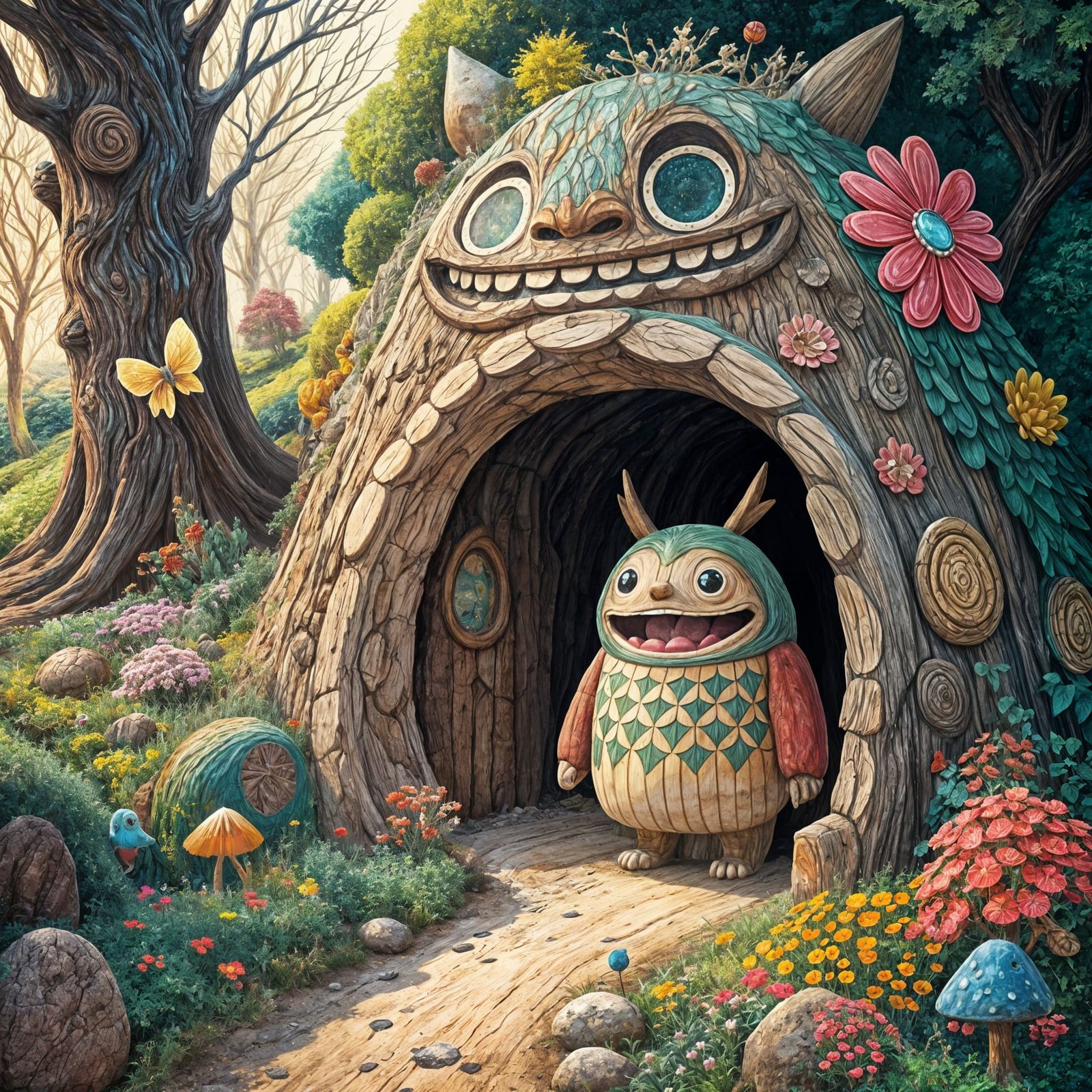 Whimsical Wooden Creature Emerges from Cave in Vibrant Carto...