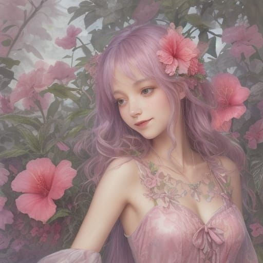 Fairy Hiding in Hibiscus Flower Watercolor Painting