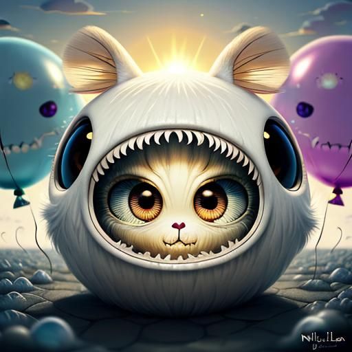 Surreal White Mouse Creature with Balloons in 3D