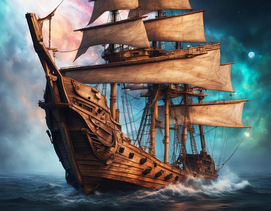 Wooden Sailing Ship Drifting in Space