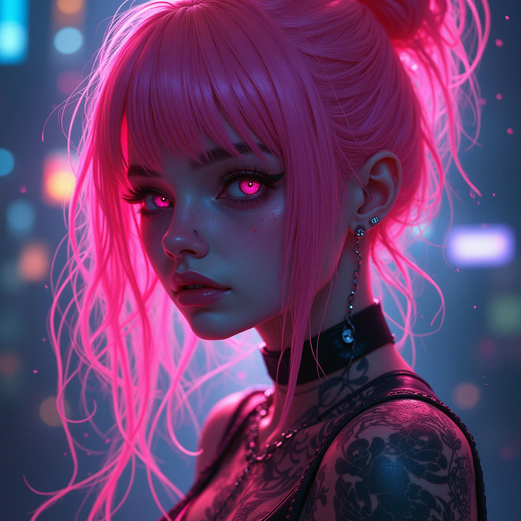 Elegant Cyberpunk Hacker Girl in Neon Dreamscapes