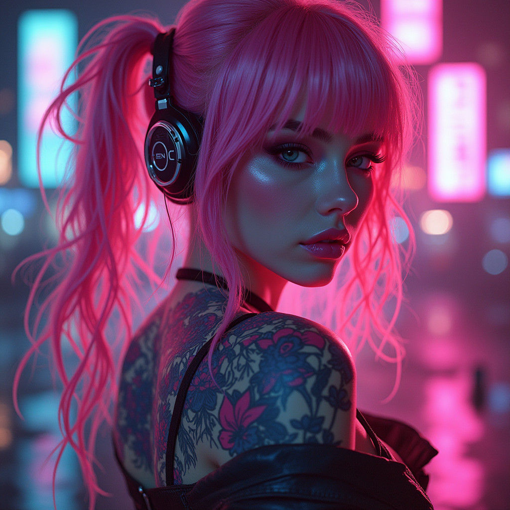 Elegant Cyberpunk Hacker Girl with Neon God Rays