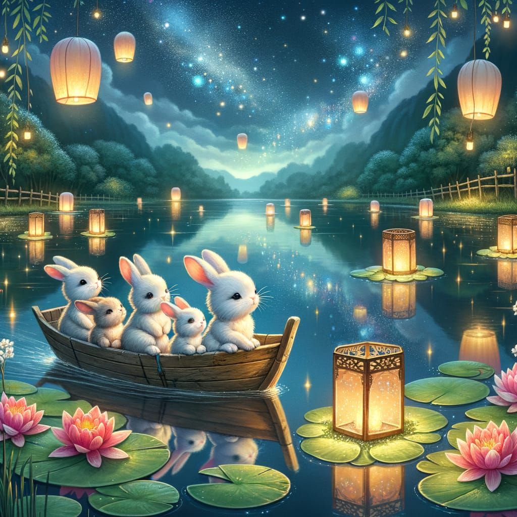 Bunnies' Enchanting Night Voyage on Water Lilies Lake