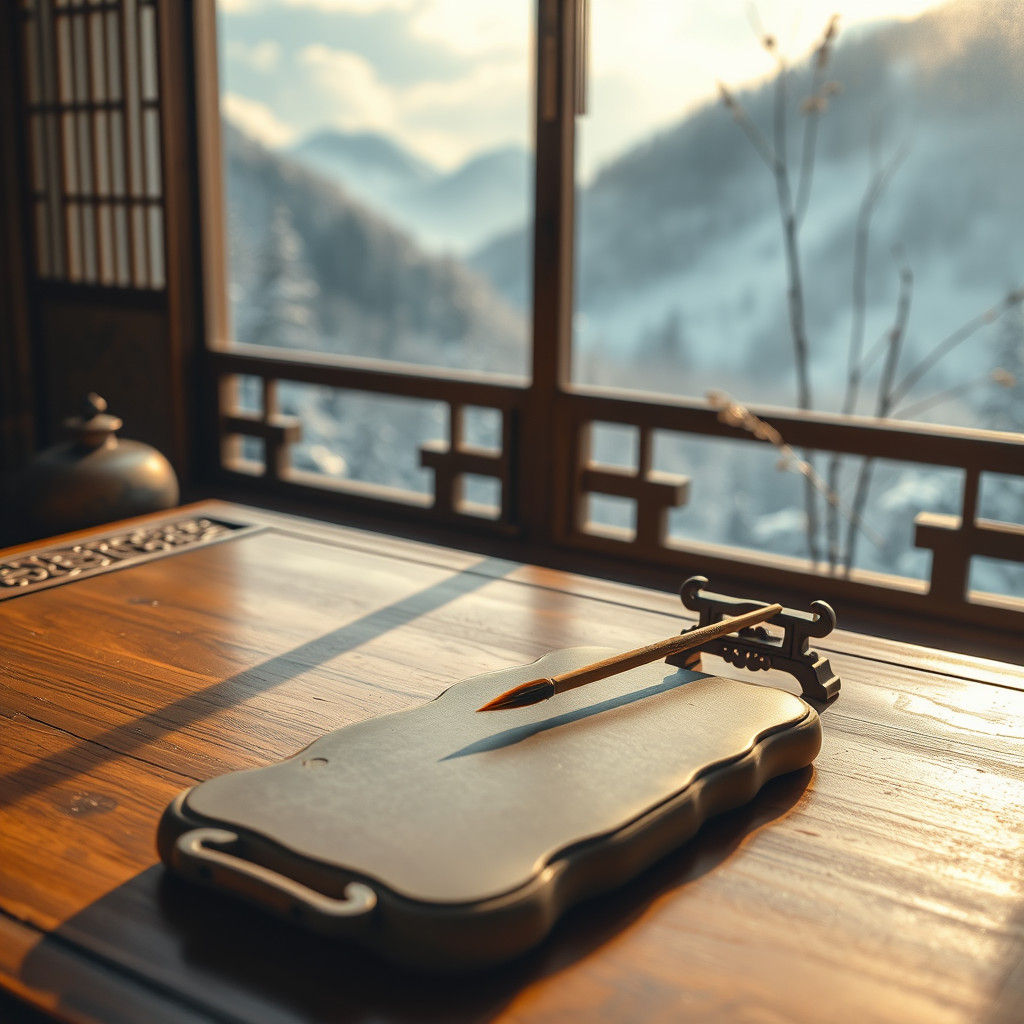 Calligraphy Set with Snowy Landscape, Ink Wash Painting