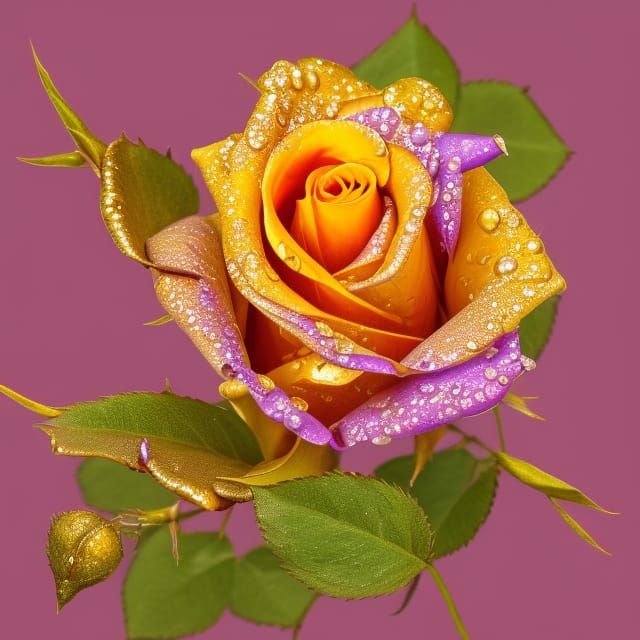 Golden and Purple Rose with Water Droplets