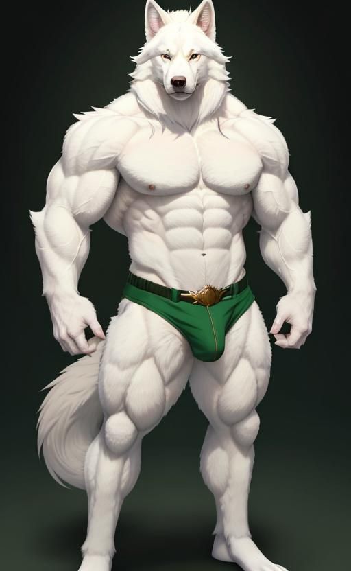 Albino Wolf Anthro Portrait with Muscles and Fur