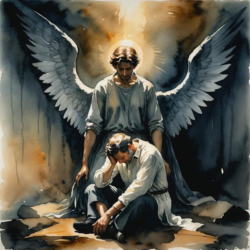 Angel Appears Before Grieving Man: Watercolor Painting
