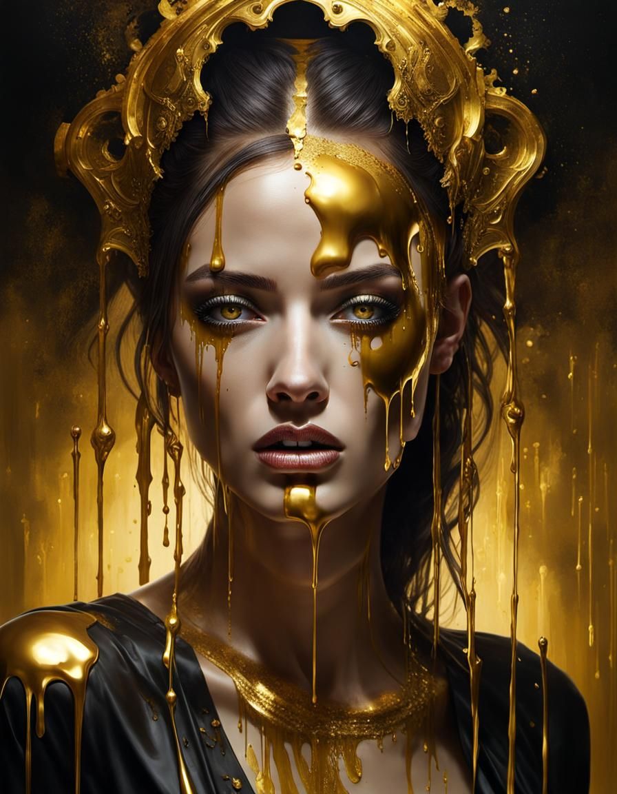Golden Horror: Girl with Dripping Gold Portrait