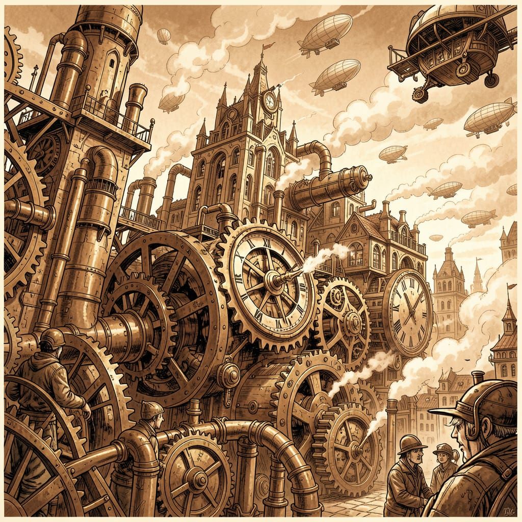 Steampunk City Inside Giant Clockwork Mechanism