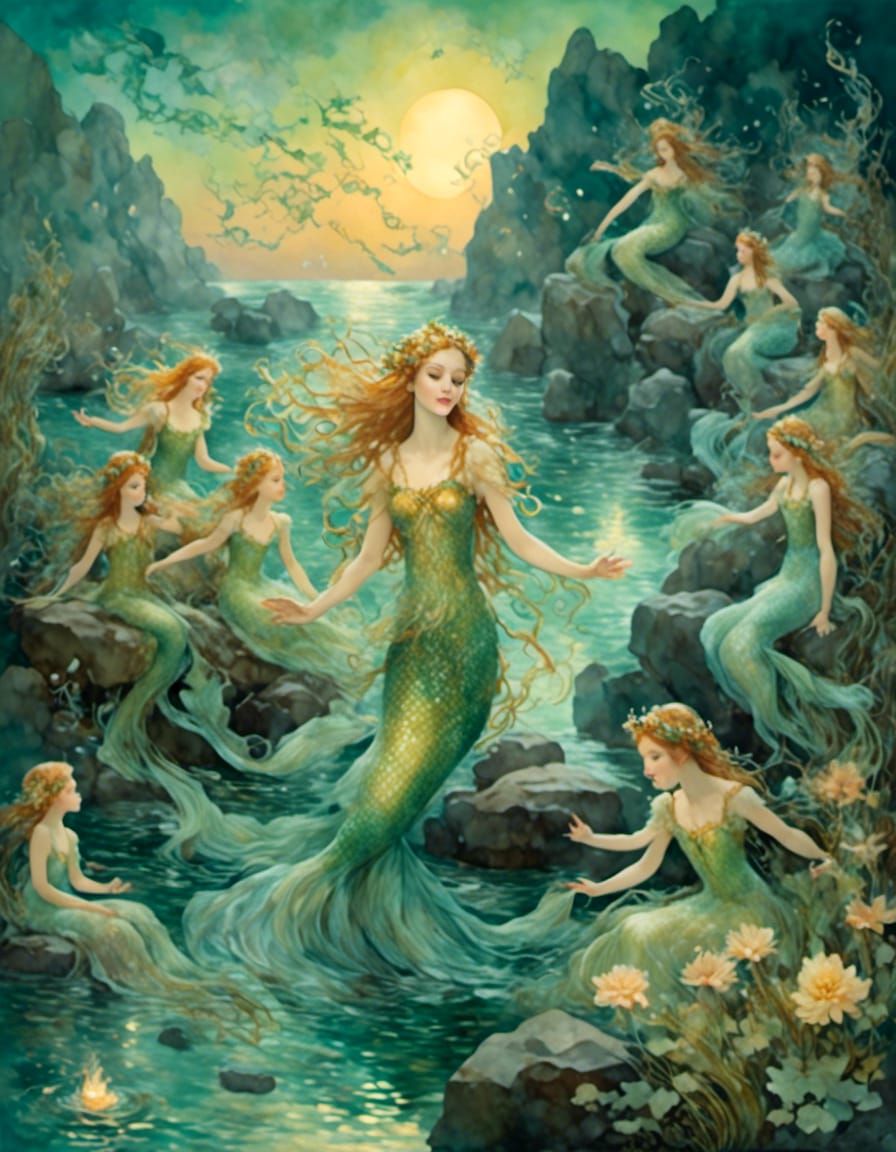 Mermaid Sirens Singing at Dusk: Mythological Fantasy Art