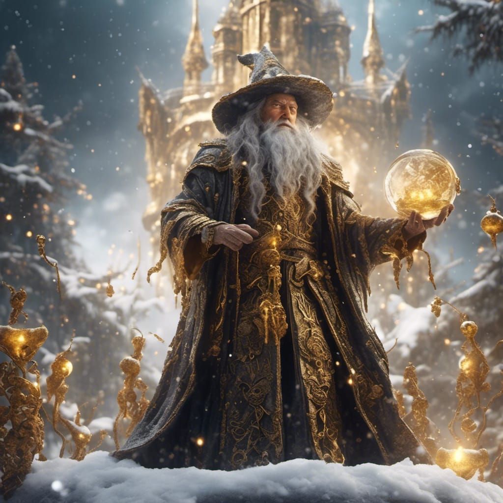 Old Wizard Casting Spells Atop Snowy Tower