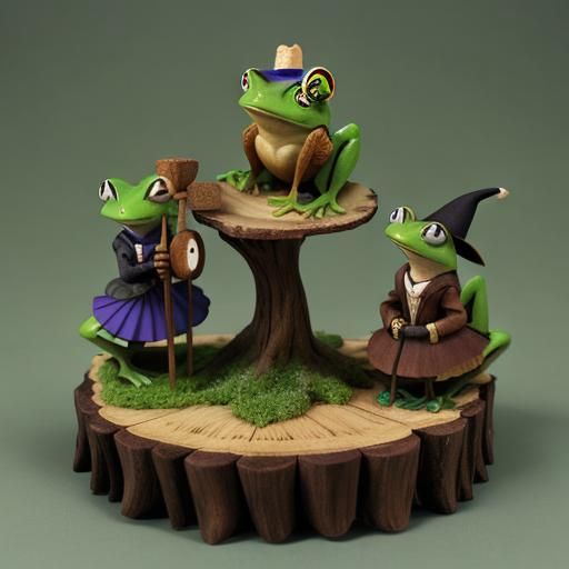 Swiss Witches with Frogs Around Wooden Tetrahedron