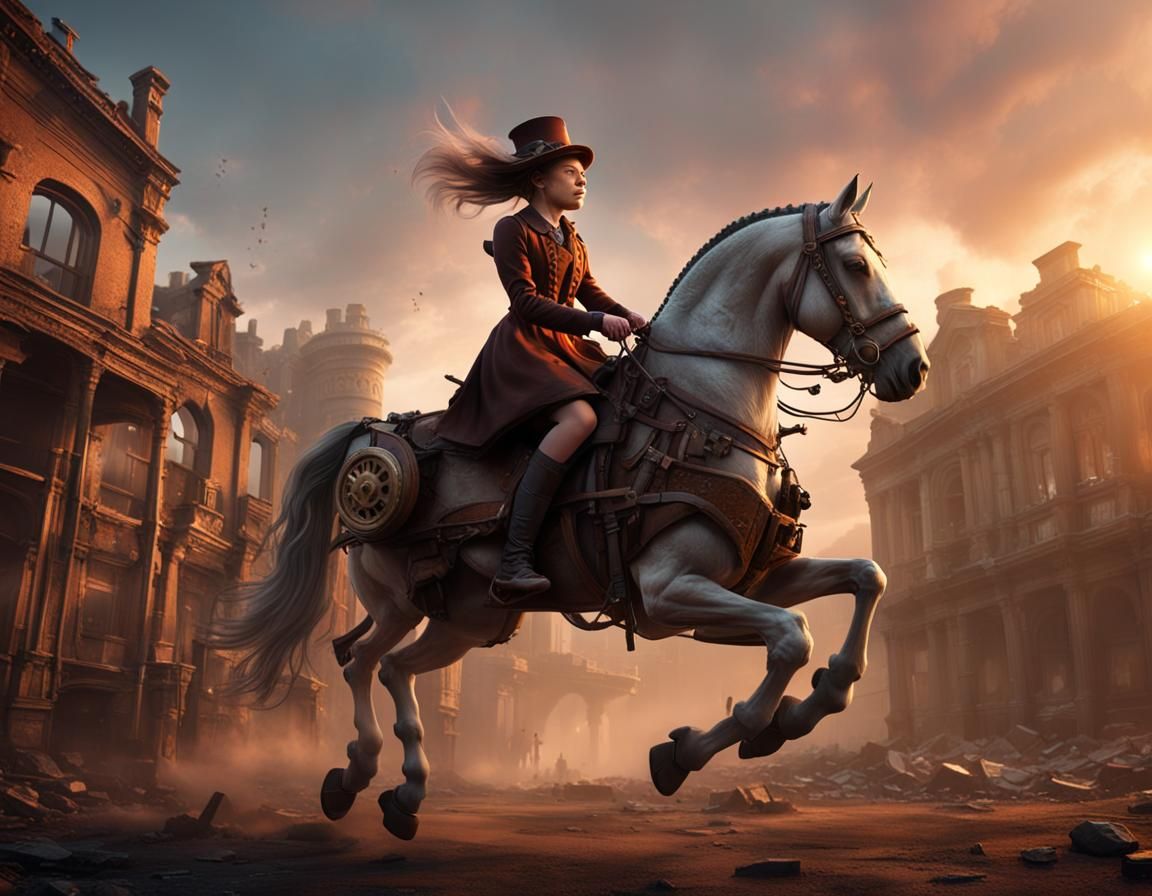 Steampunk Girl Rides Mechanical Horse at Sunset