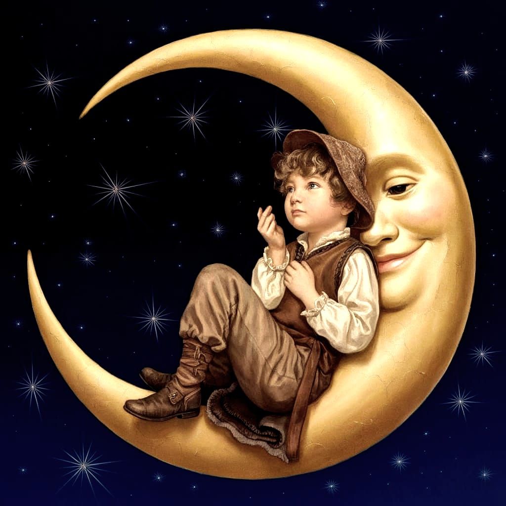Whimsical Moonlit Boy Contemplates Life