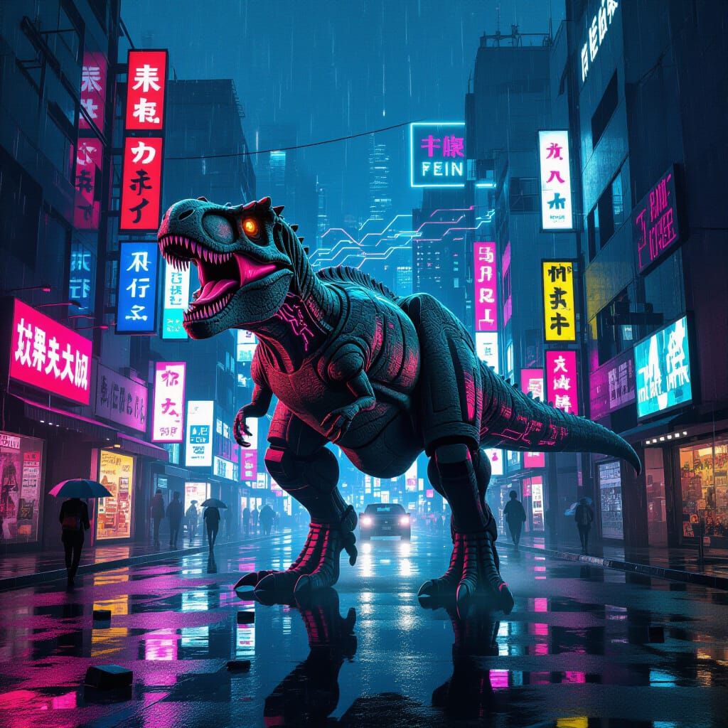 Cybernetic T-Rex Roars in Futuristic Tokyo, Digital Painting