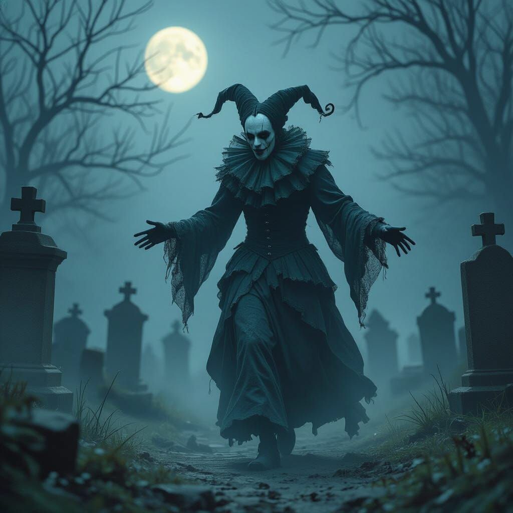 Eerie Spectral Jester Dances in Moonlit Graveyard