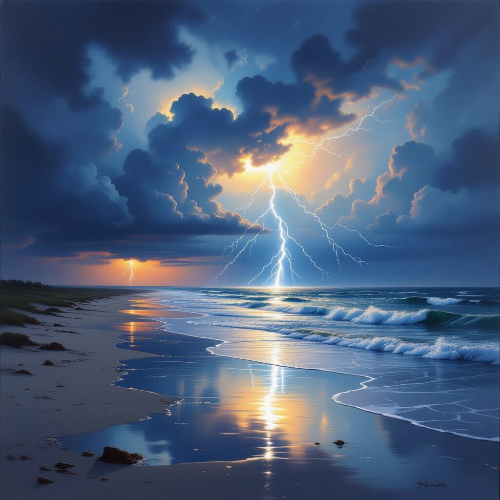 Turbulent Beach Scene with Lightning Strikes