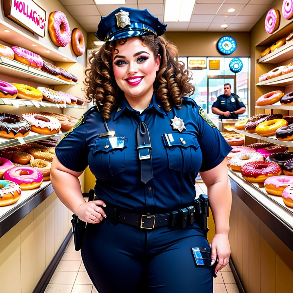 Curvy Police Officer at Donut Shop