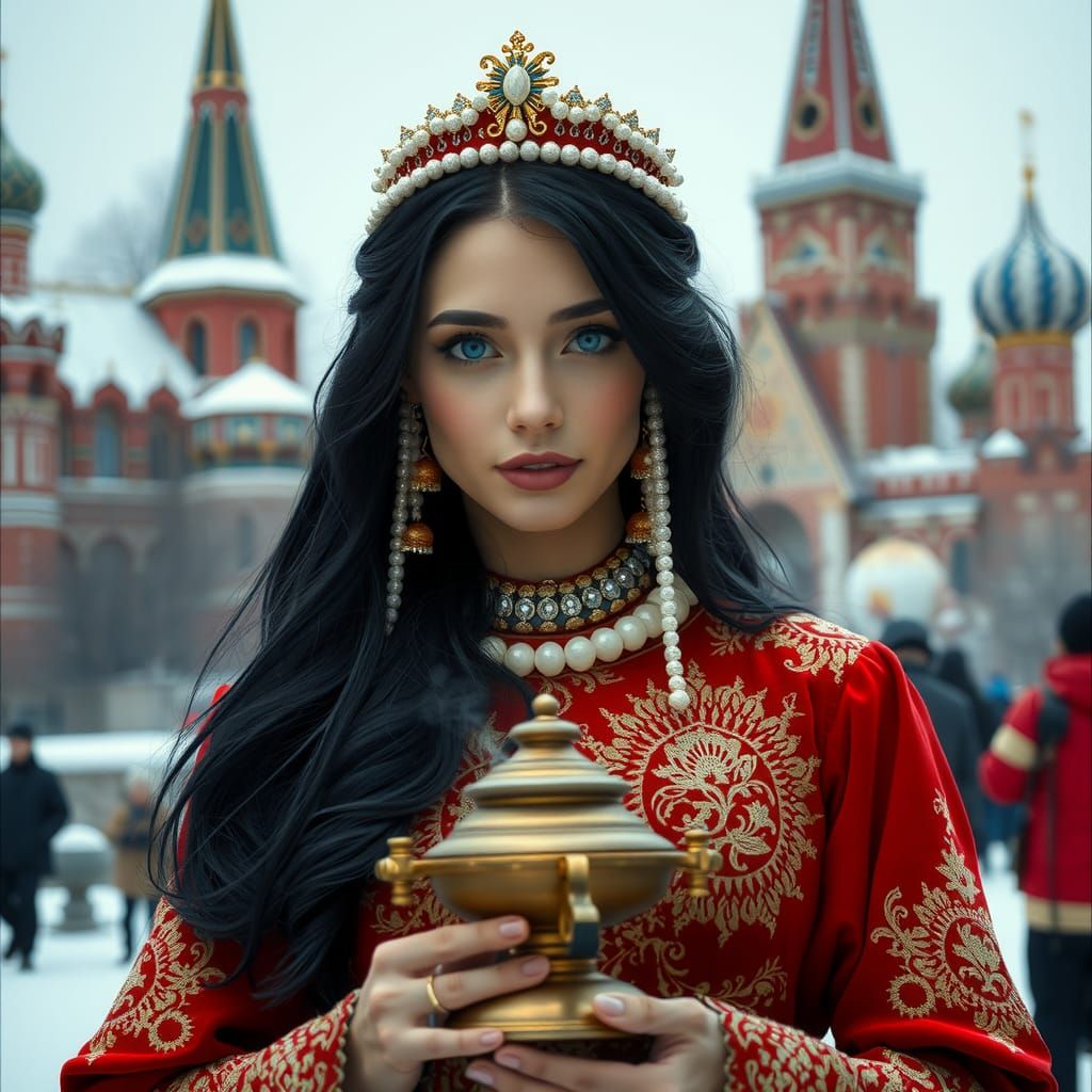Regal Russian Woman with Kokoshnik in Snowy Kremlin