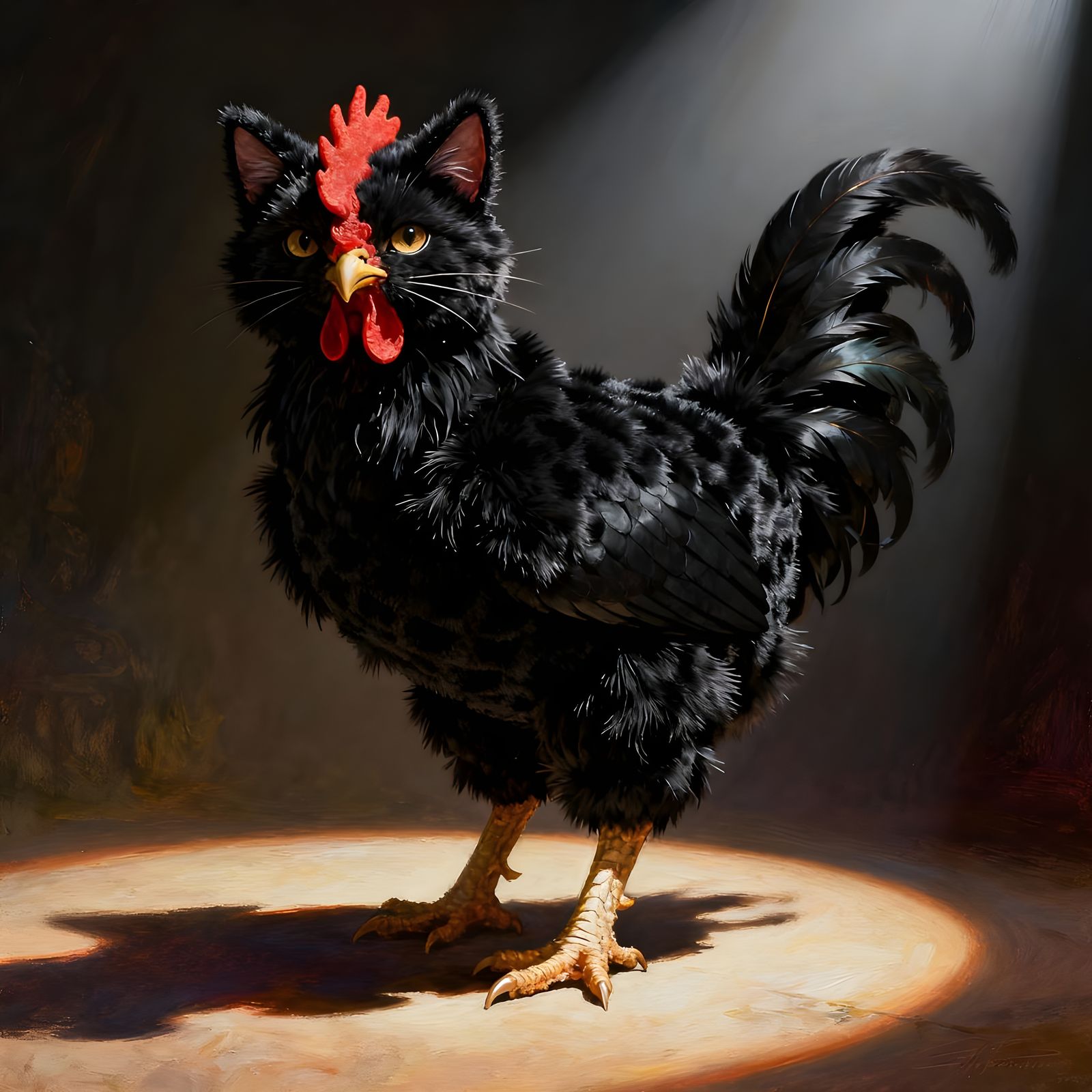Rooster in Black Cat Costume, Maximalist Style