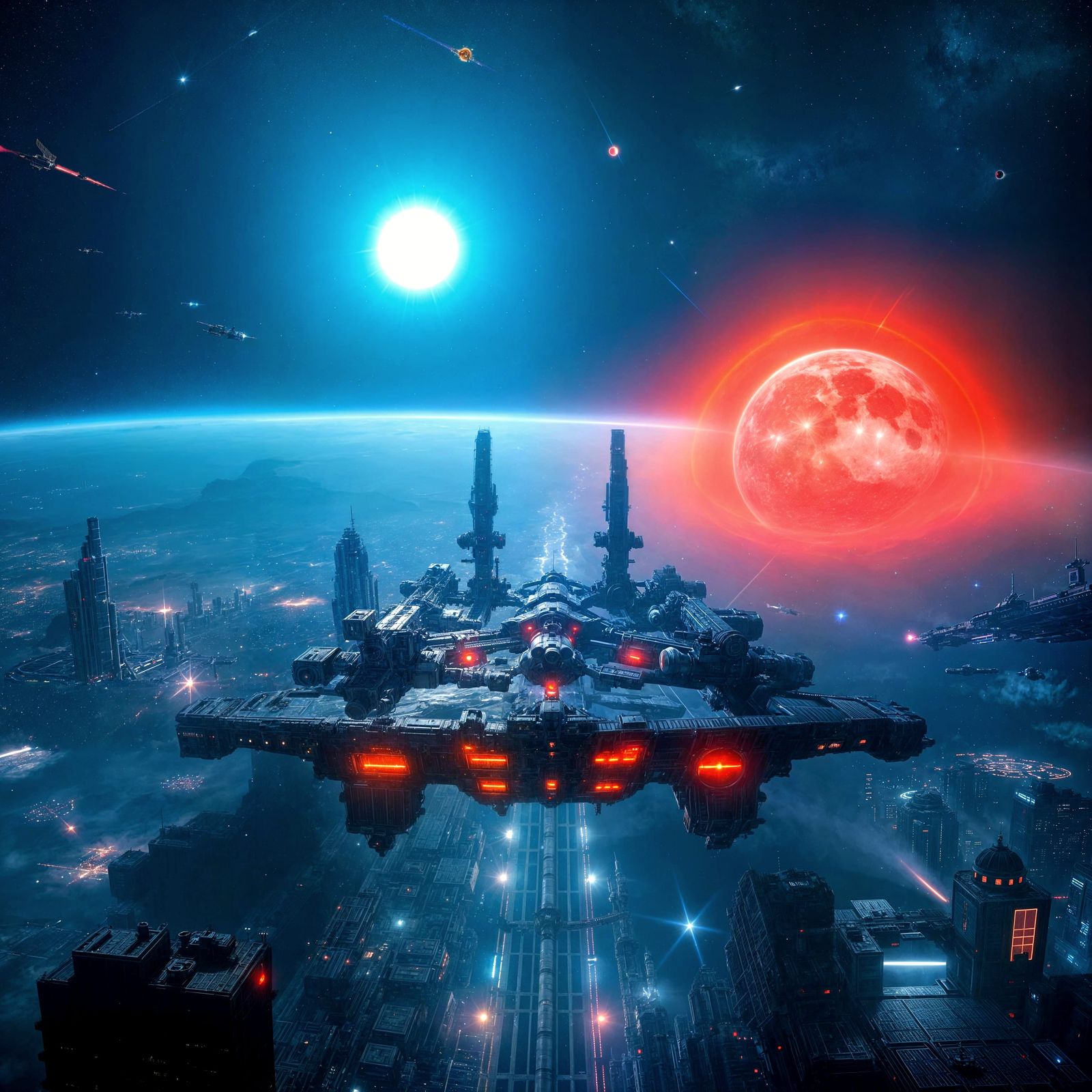 Futuristic Space Station City with Twin Suns