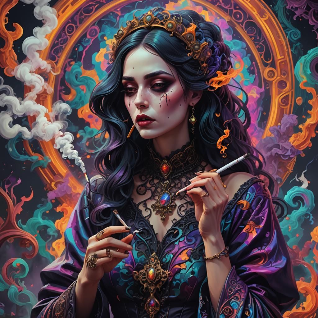 Psychedelic Gothic Woman in Dreamlike Illustration