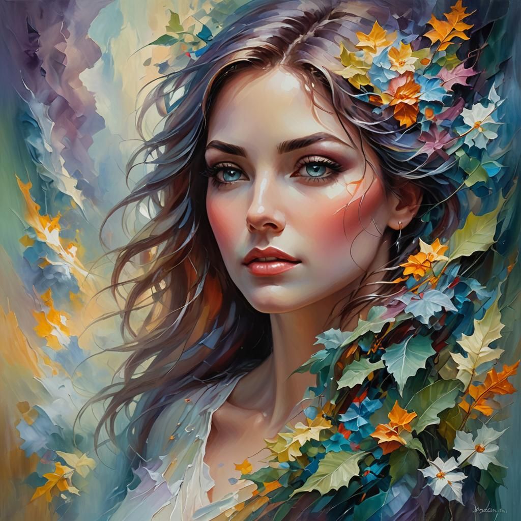 Ethereal Woman's Face in Abstract Impasto Oil Painting