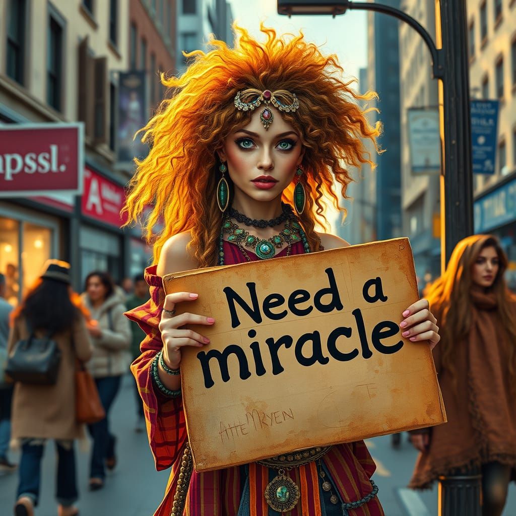 Surreal Gypsy Woman Seeks Miracle in City Streets