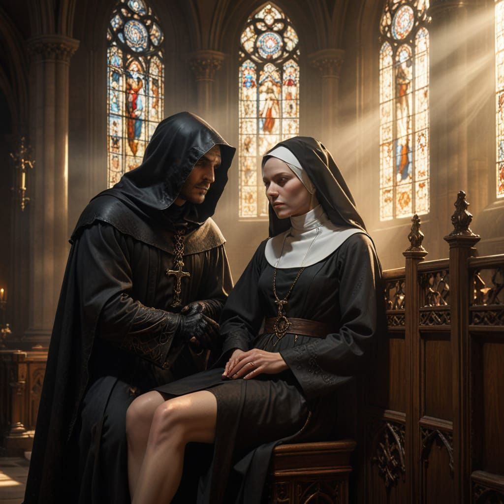 Gothic Cathedral: Cloaked Figure and Nun, Oil Painting