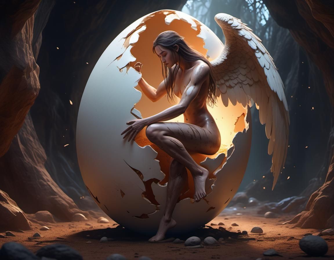 angel getting out of a giant egg shell