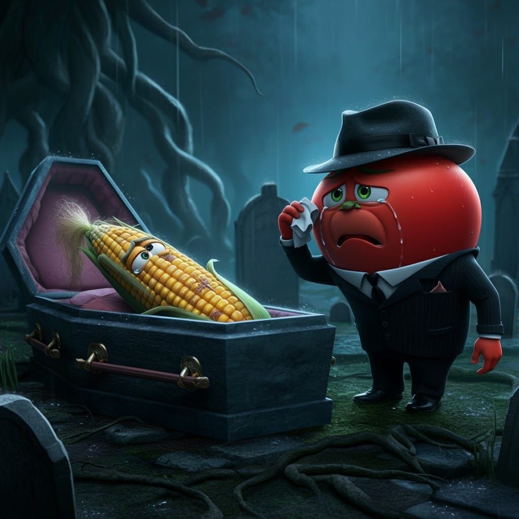 In a cemetery in the rain, a crying tomato in a black suit and a black hat stands at an open coffin. In the coffin lies ...