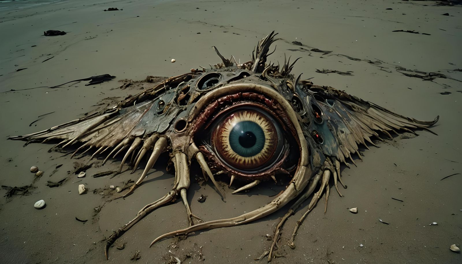 Hyperrealistic Decaying Insect Carcass on Beach at Night