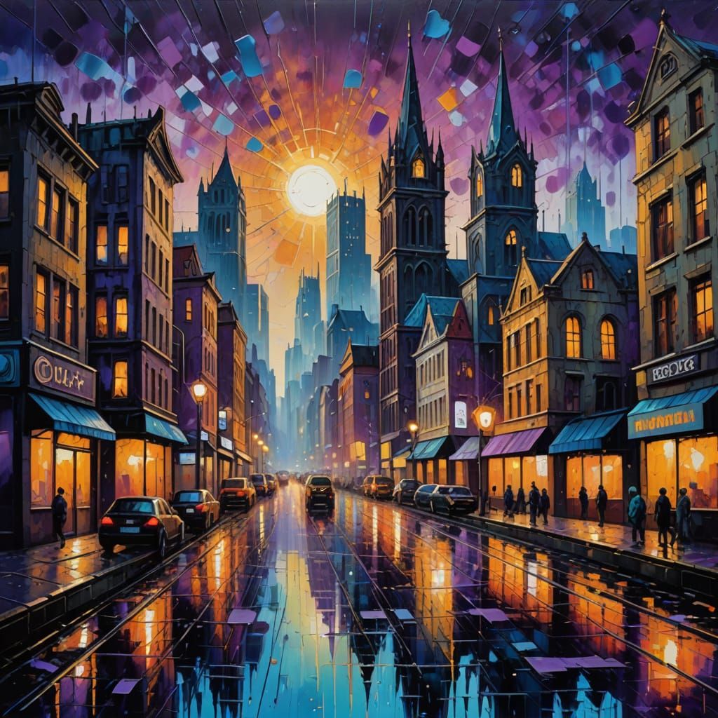 Gothic Cyberpunk Cityscape in Vibrant Neo-Expressionist Styl...
