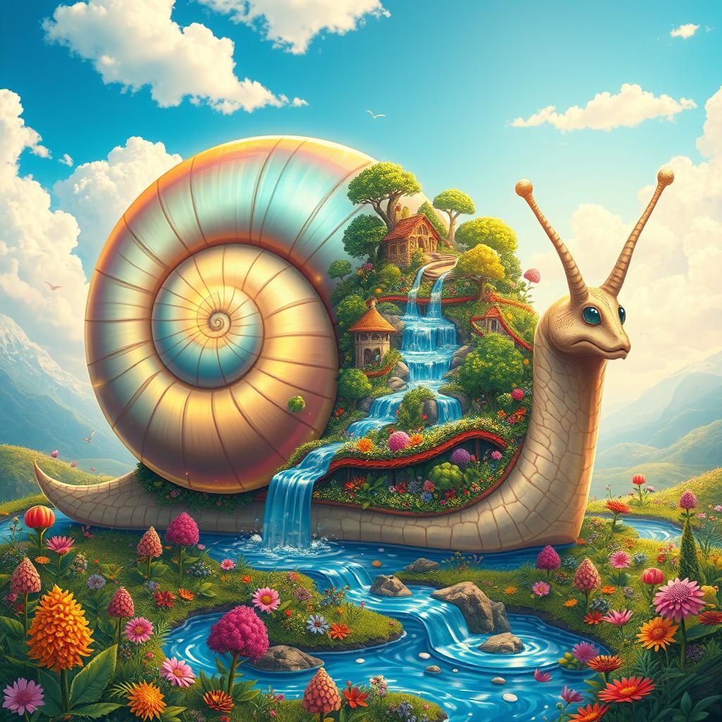 Giant Snail Carrying a Wonderland Landscape
