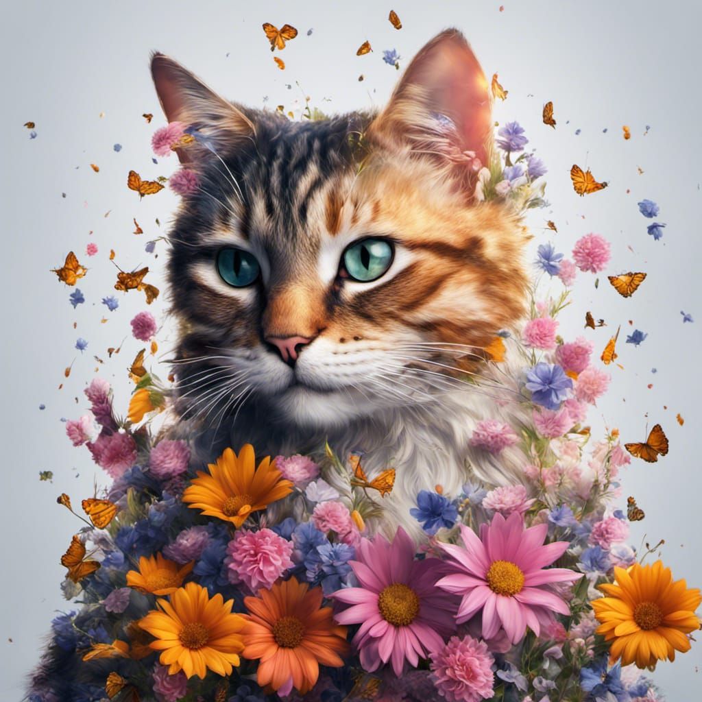 Floral Cat Cascade: A Detailed Matte Painting