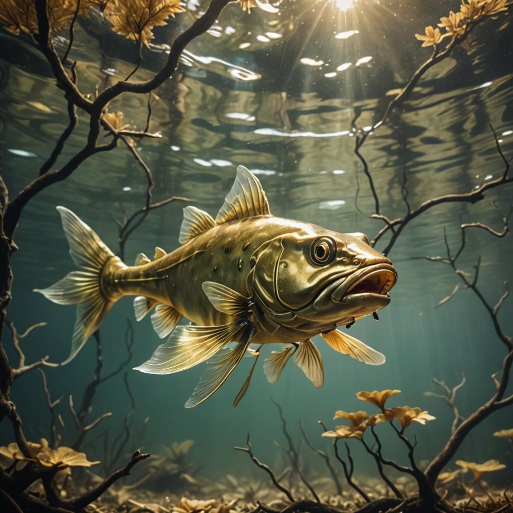 Underwater Gold Catfish in Cinematic Style