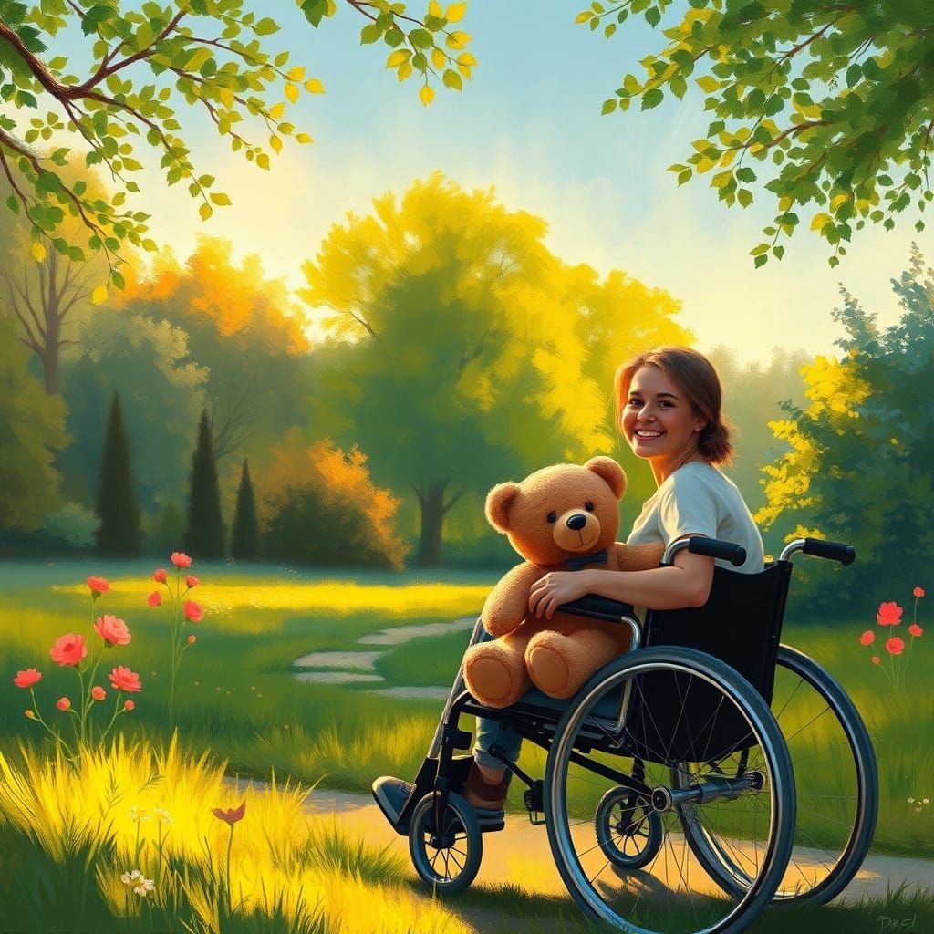 Joyful Park Ride: Person Pushes Teddy Bear in Golden Hour