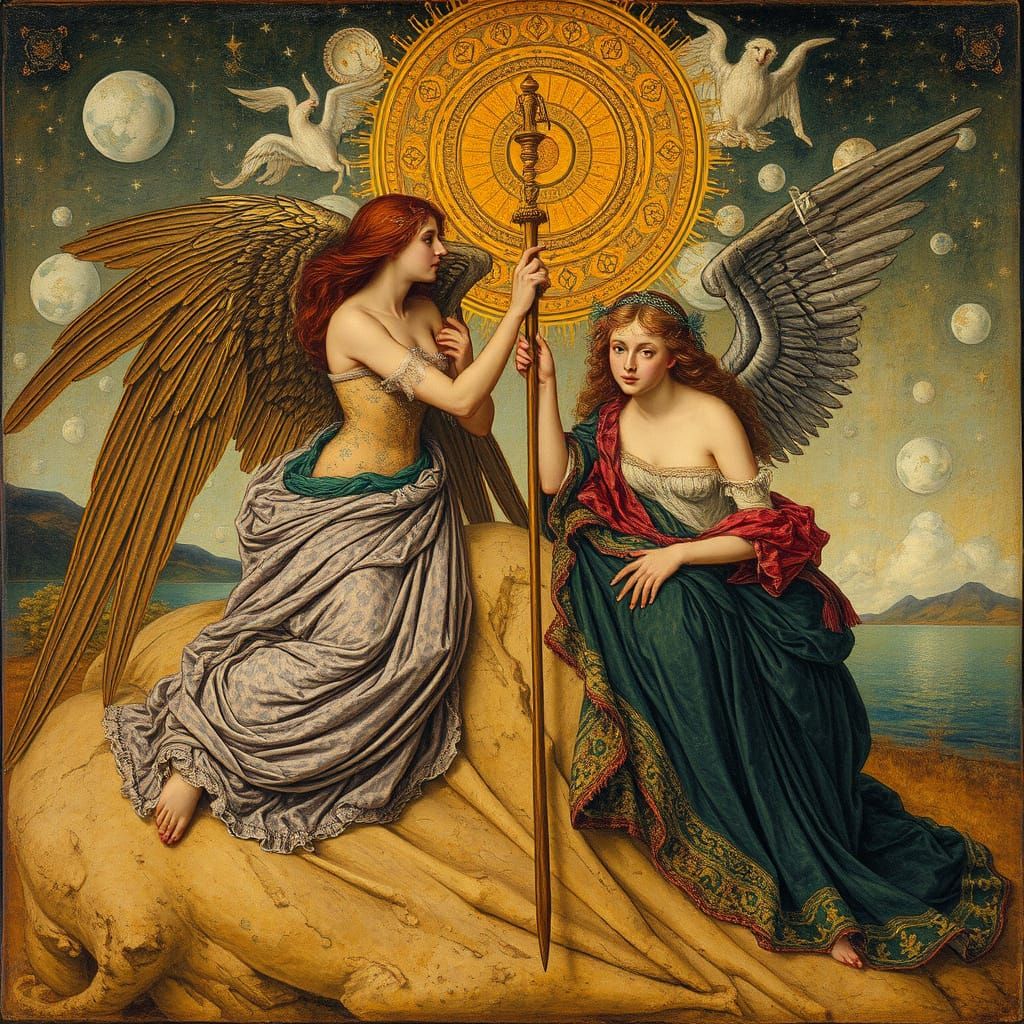 Allegorical Scene in Pointillist Oil Painting Style