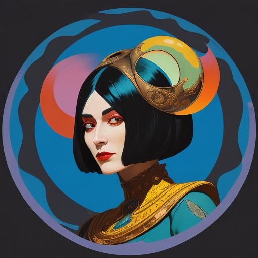 mystery, black goat, a huge pumpkin on a melon, Pixie haircut, black loose tunic, smoke, chromolithography collage, 1920...