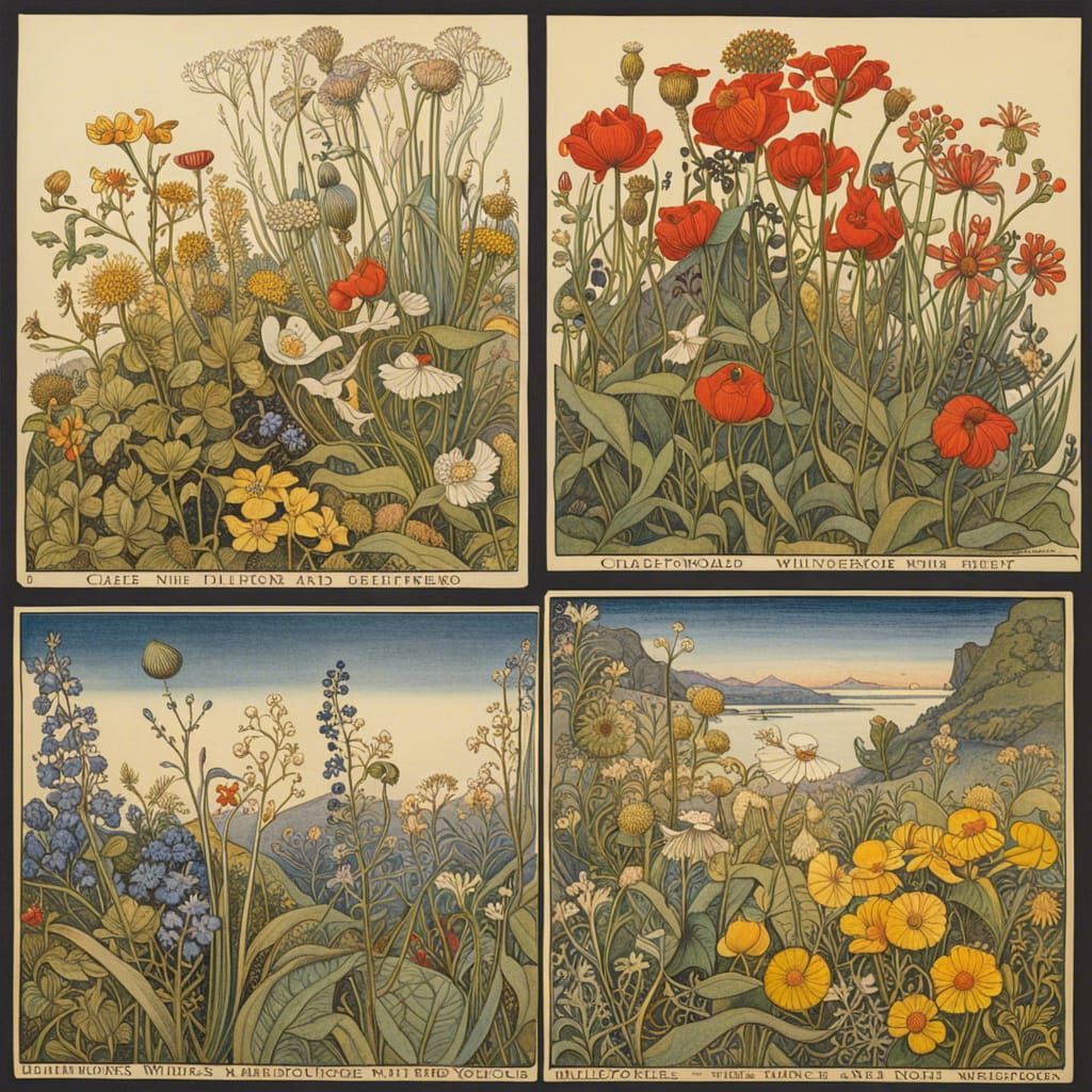 Wildflower Linocut Print in Botanical Style