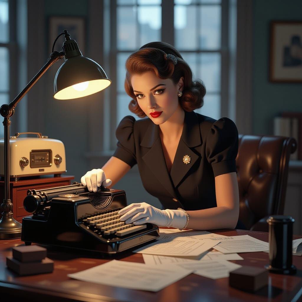 Elegant 1940s Woman at Vintage Calculating Machine