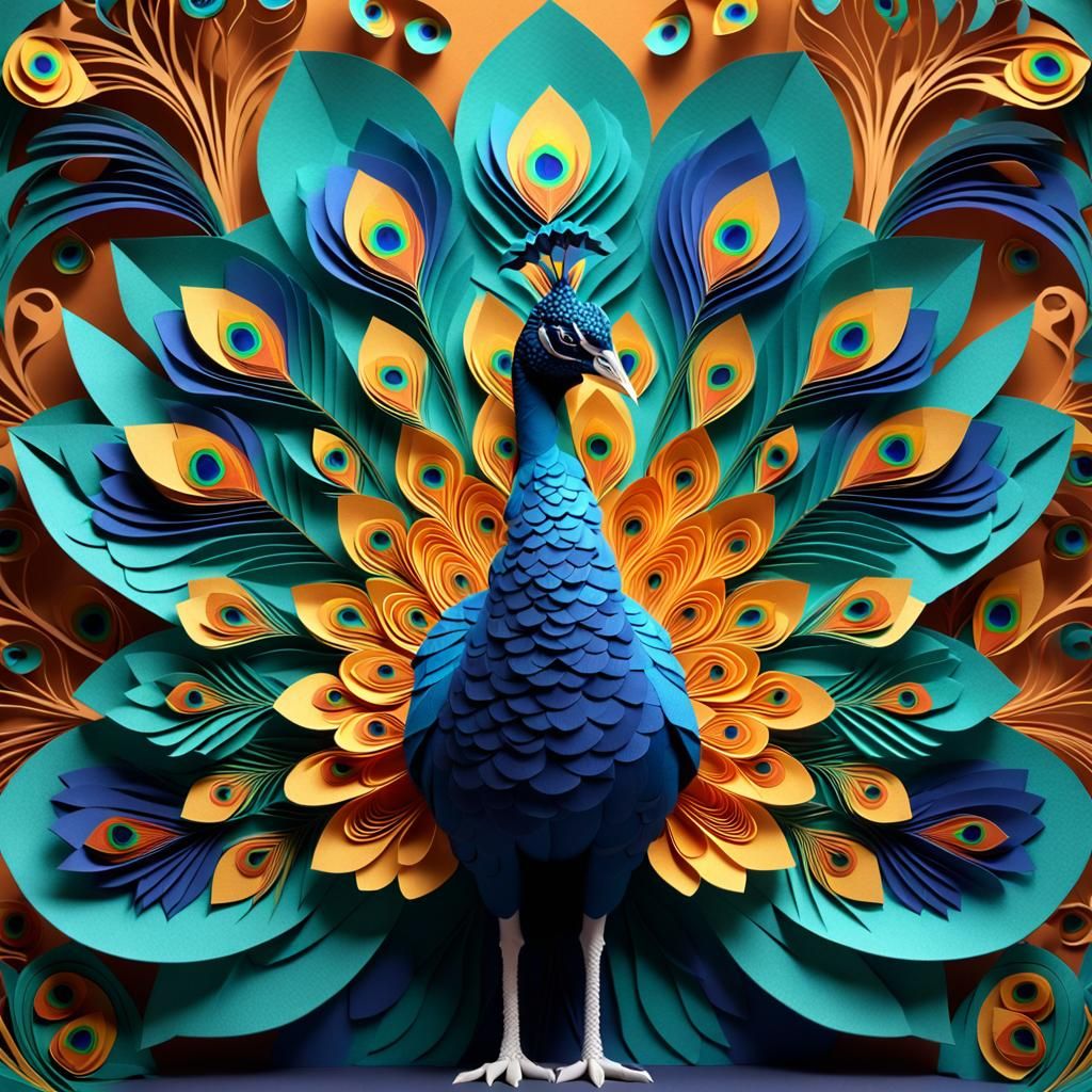Kirigami Peacock: Folded Paper Art in Matte Style