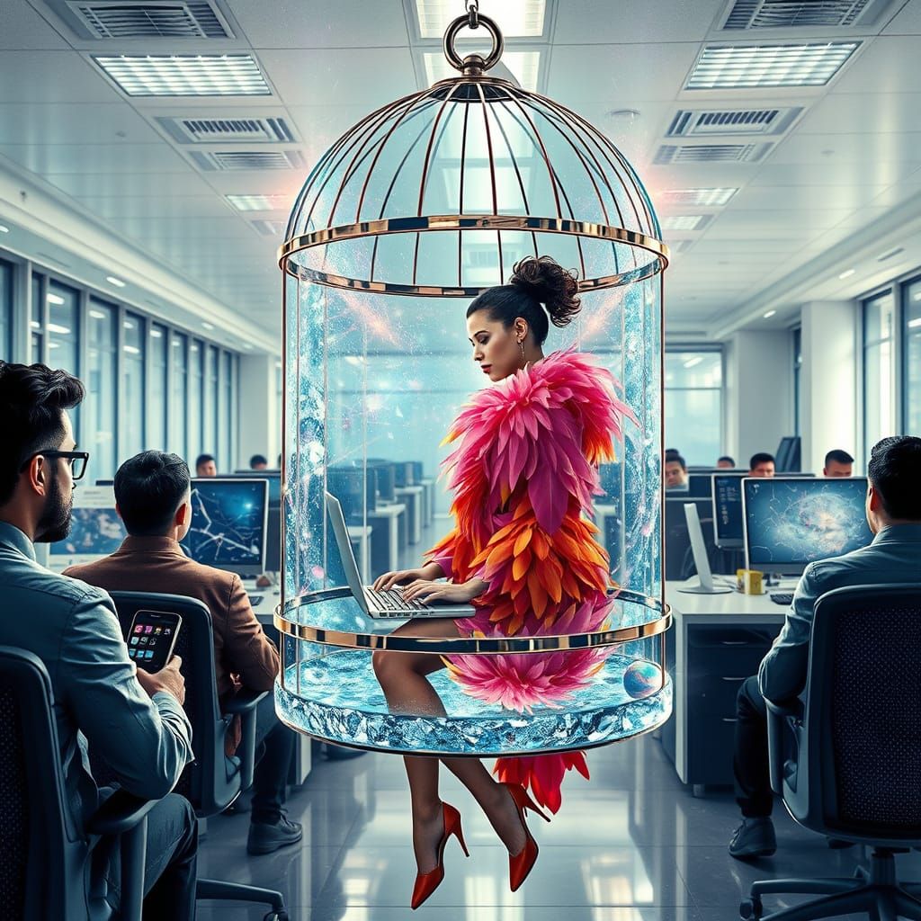 Woman in Feather Suit in Suspended Glass Cage