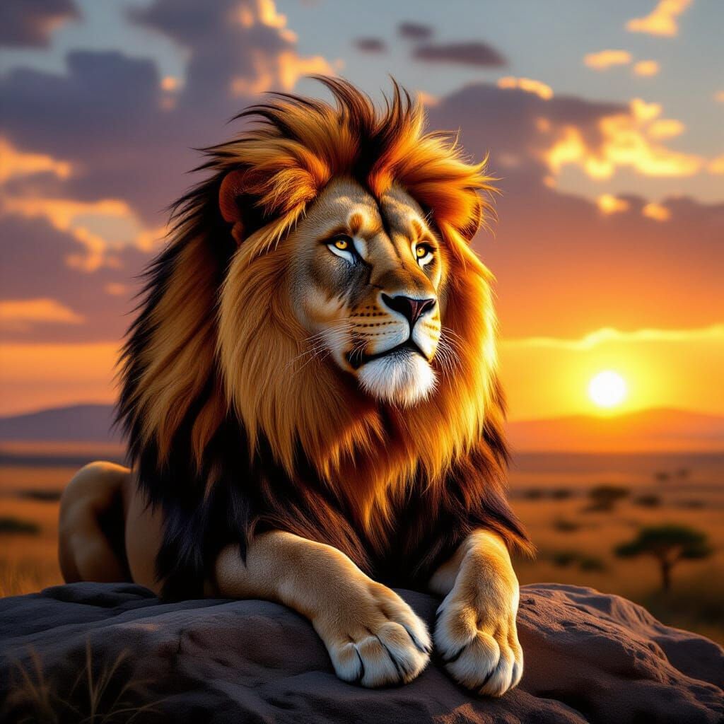 Lion King with Fiery Mane Crown at Sunset