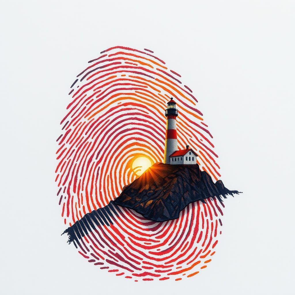 Fingerprint Landscape with Lighthouse in Digital Painting St...