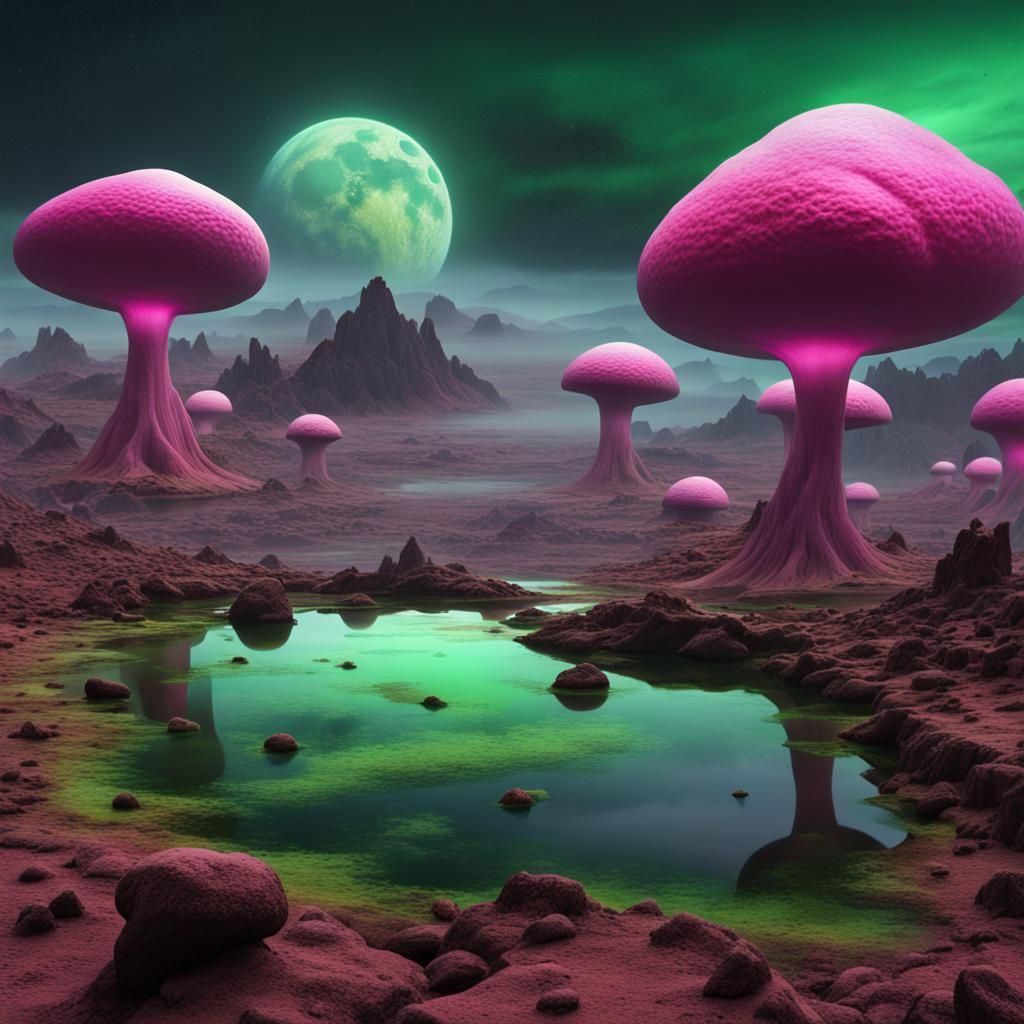 Alien Planet with Bioluminescent Mushrooms